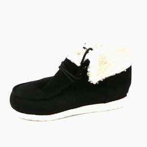 Womens Boot Black Faux Suede Lace Up Ankle White Fleece Cuff & Lining EUR 39 NEW